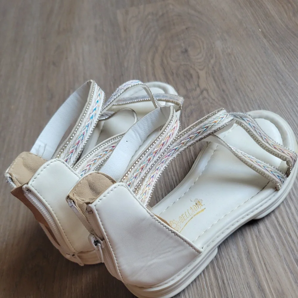 Bella Rose Girls Gladiator Sandals Size 2 White Rainbow Rhinestone Boho Summer